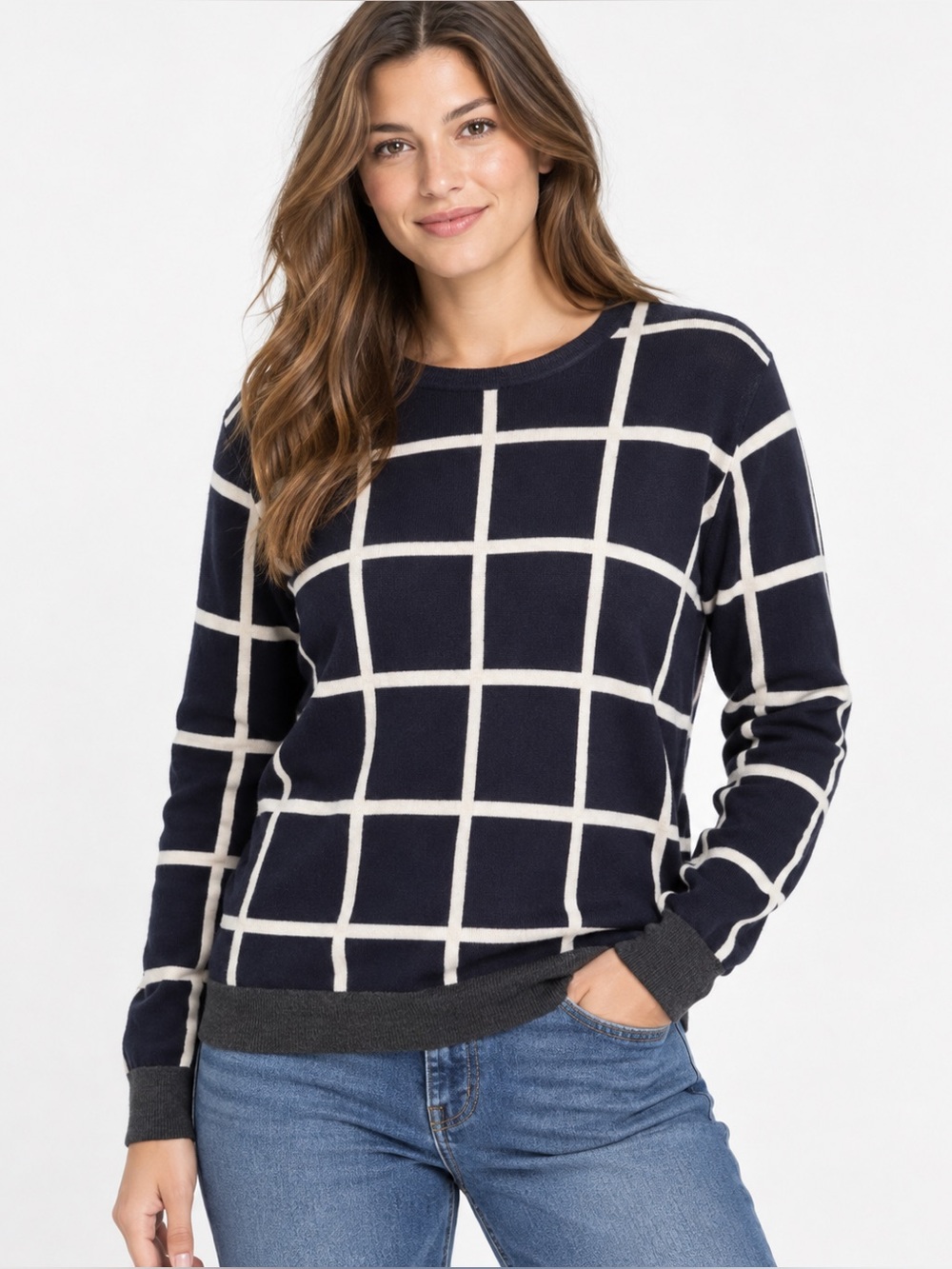 GAP Wool Windowpane Sweater XL Navy Ivory Plaid Crewneck